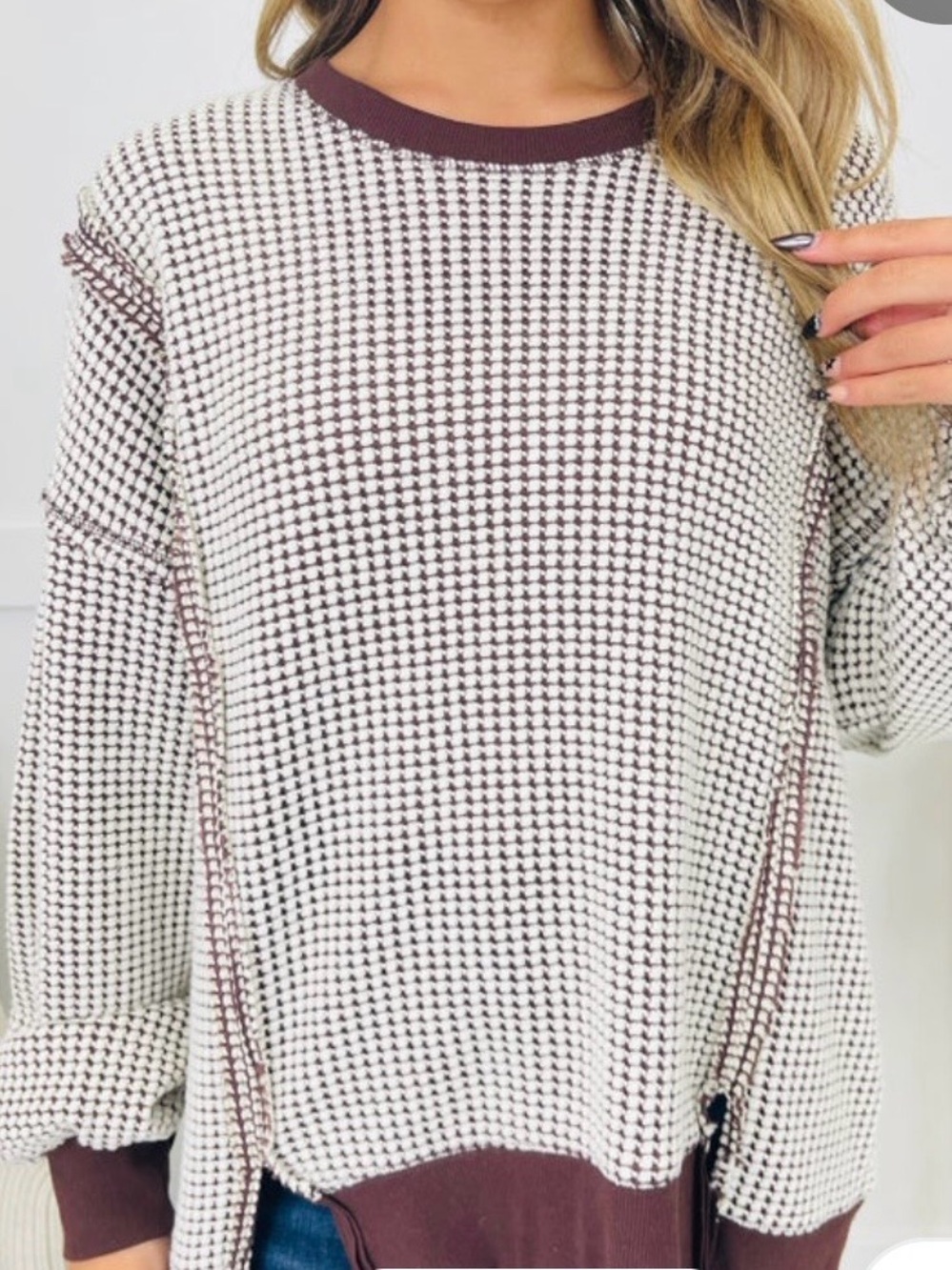 Ivory and Brown Thermal Pullover